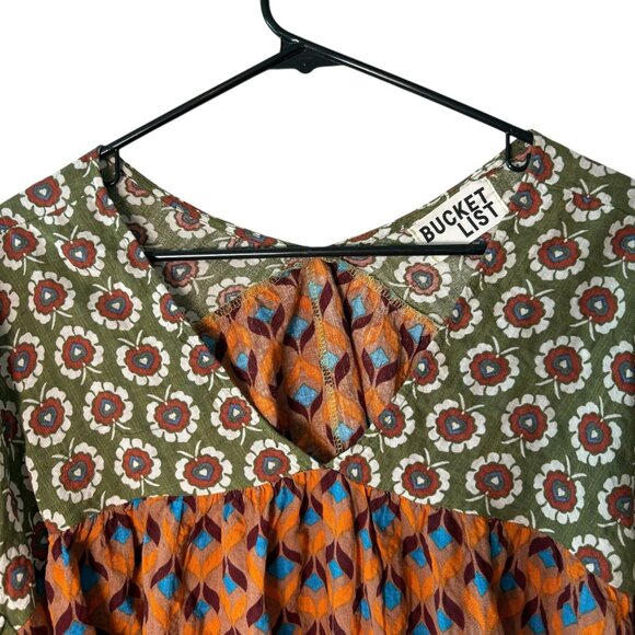 Womens Boho Long Sleeve Floral & Geometric Print Top By Bucket List Lightweight - Picture 3 of 6
